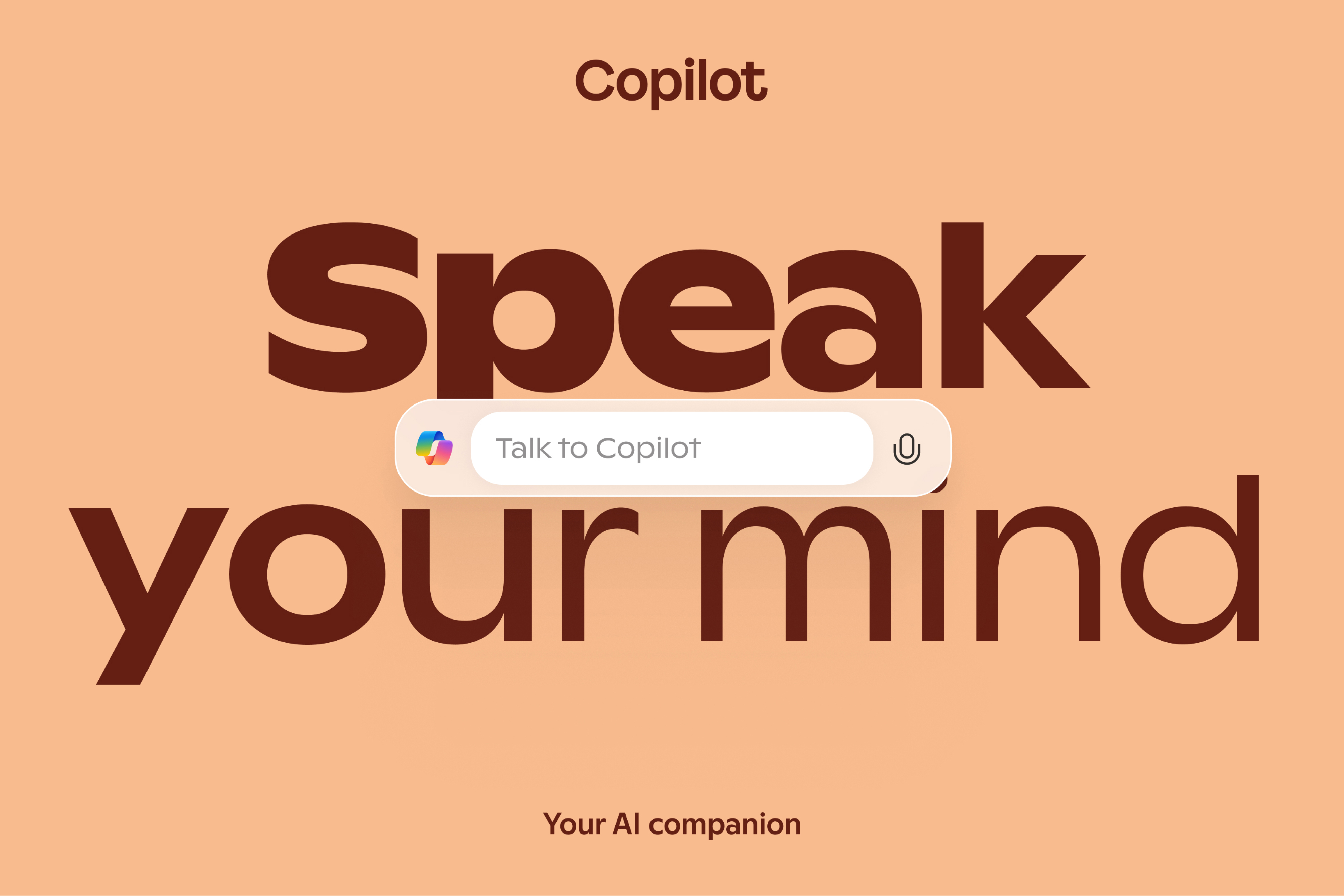 Orange banner med ”Speak your mind” med Copilot-meddelanderuta i mitten